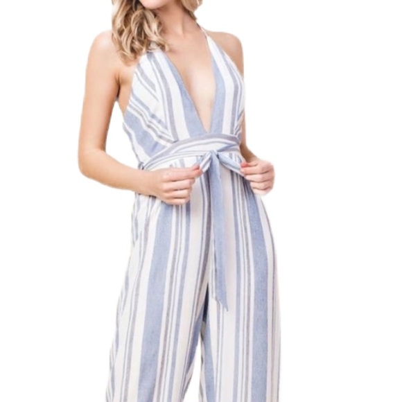 NWOT Honey Belle Blue &amp; White Striped Halter Jumpsuit Size S